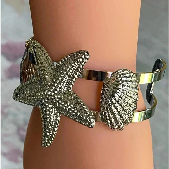 Beach Seashell Starfish Tropical Ocean Silver Tone Cuff Bracelet Bangle NEW - Picture 4 of 4